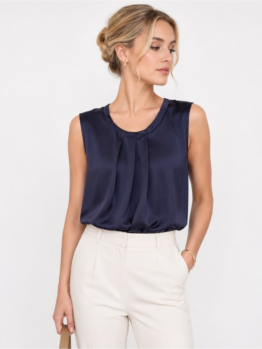 Jigsaw 100% Silk Navy Sleeveless Blouse Pleated Neck Luxury Top Size S